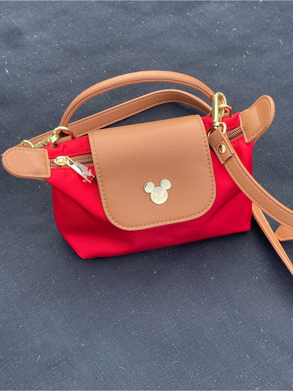 Disney Mickey Mouse Red and Tan Crossbody Bag with Gold Accent NEW Never used!